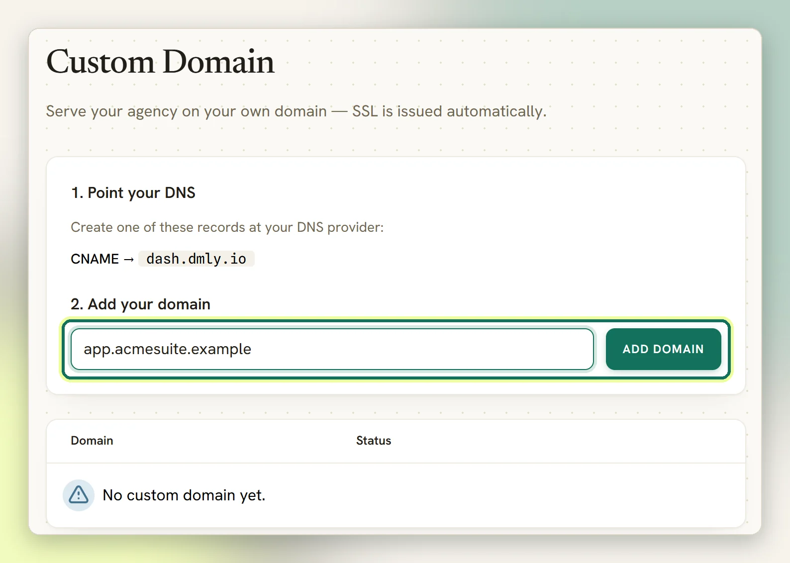 The Custom Domain page with the CNAME record to create, and the domain field and Add domain button highlighted