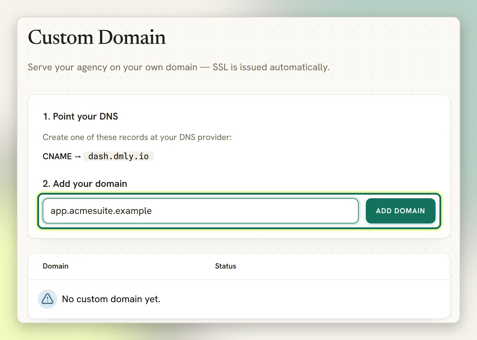 The Custom Domain page with the CNAME record to create, and the domain field and Add domain button highlighted
