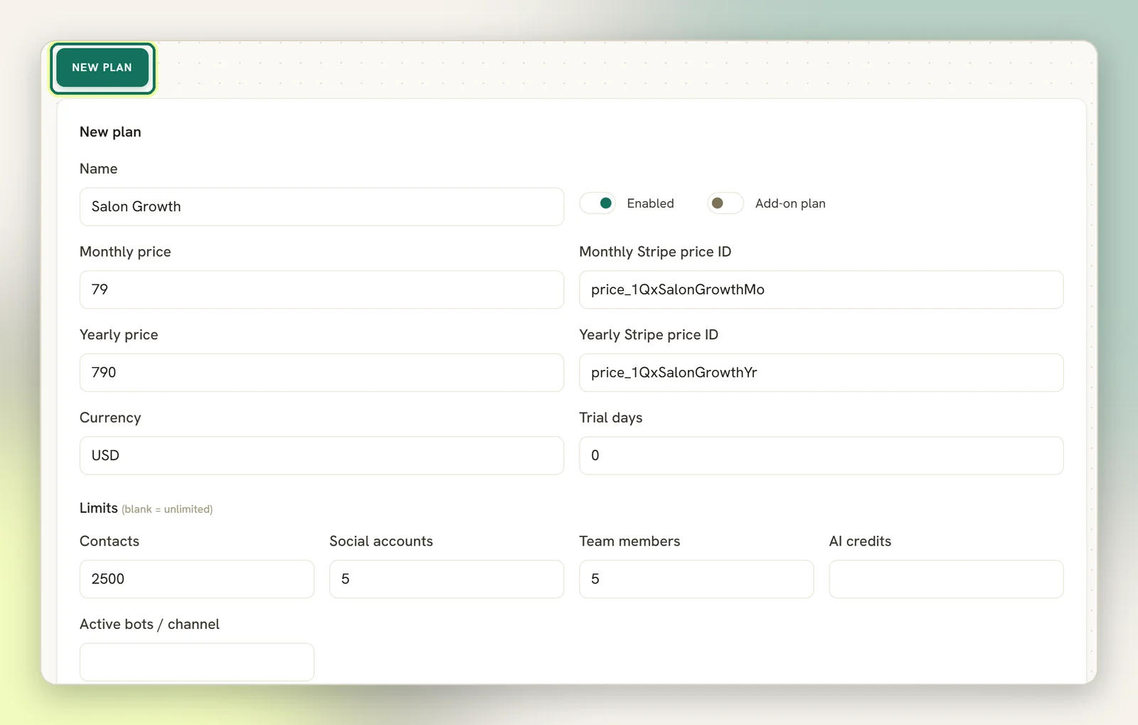 The New plan form on the agency Plans page, filled in with example prices, Stripe price IDs and limits, with the New plan button highlighted