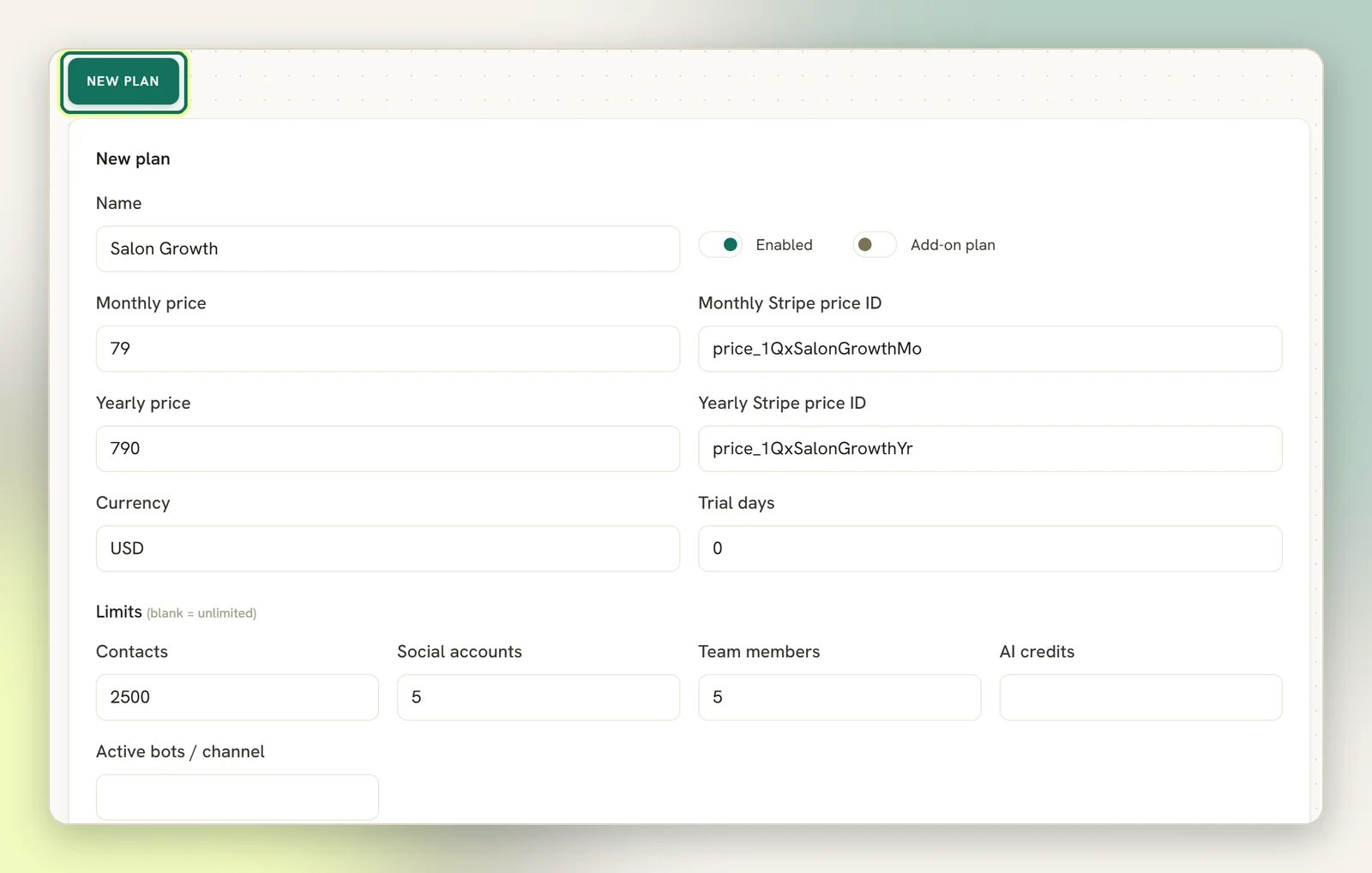 The New plan form on the agency Plans page, filled in with example prices, Stripe price IDs and limits, with the New plan button highlighted