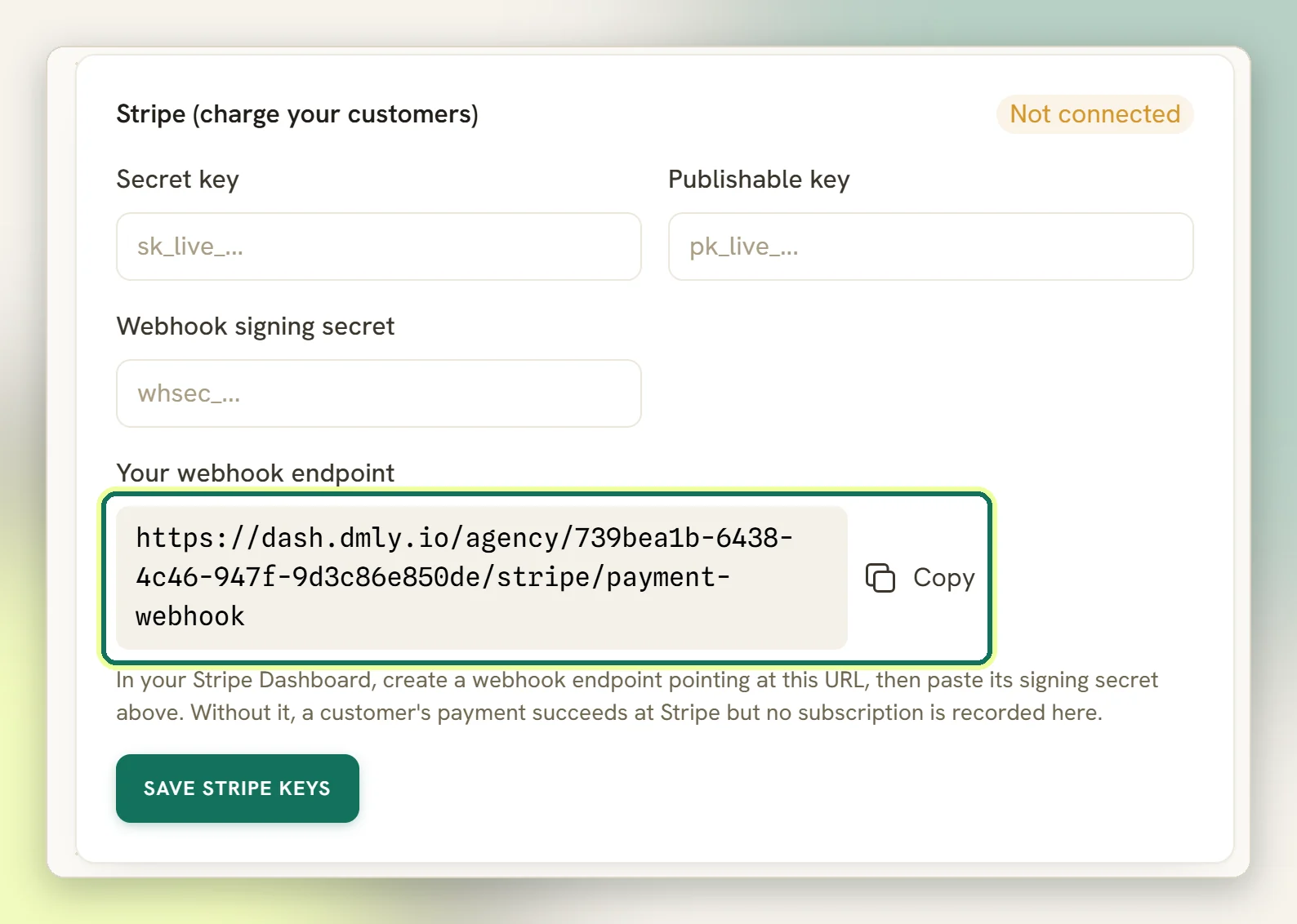 The Stripe panel with Your webhook endpoint highlighted, showing the webhook URL and its Copy button