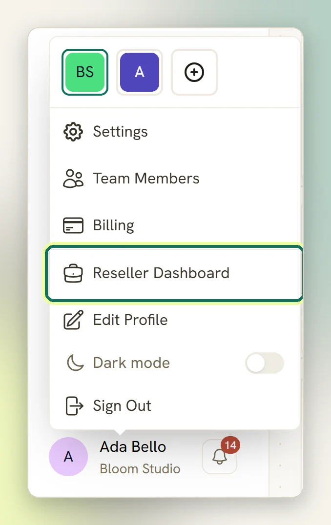 The user menu at the bottom of the sidebar with Reseller Dashboard highlighted