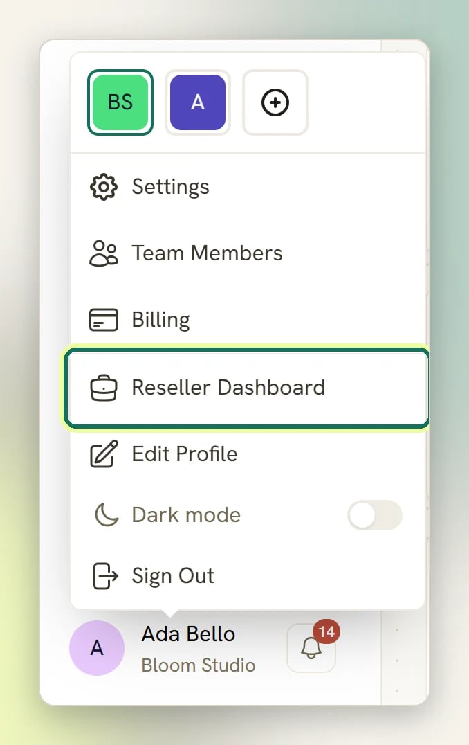 The user menu at the bottom of the sidebar with Reseller Dashboard highlighted