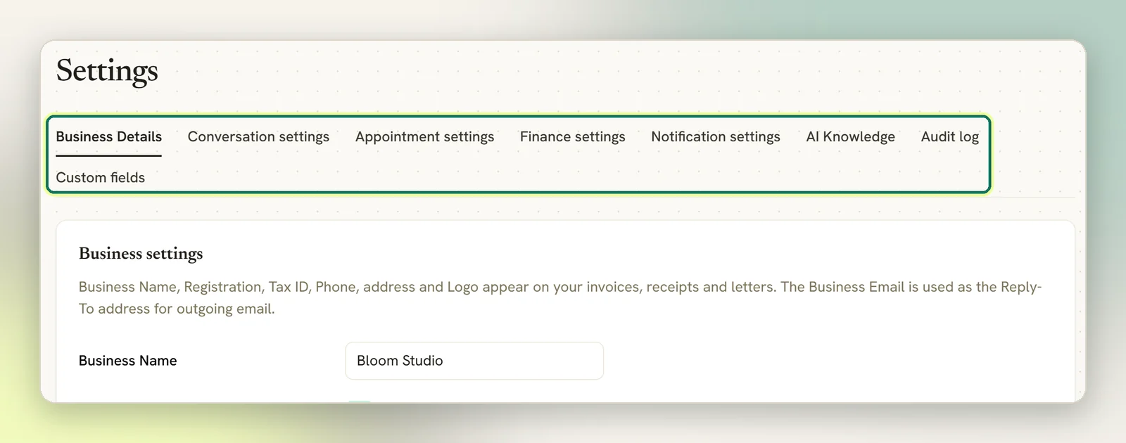 The Settings page with its tab row highlighted: Business Details, Conversation settings, Appointment settings, Finance settings, Notification settings, AI Knowledge, Audit log and Custom fields