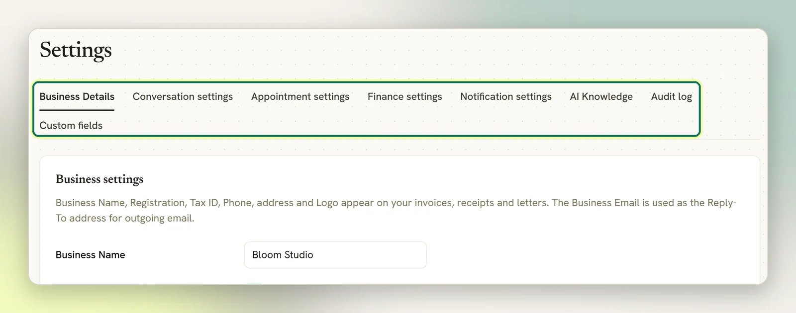 The Settings page with its tab row highlighted: Business Details, Conversation settings, Appointment settings, Finance settings, Notification settings, AI Knowledge, Audit log and Custom fields