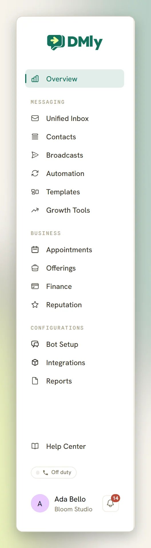 The DMLY sidebar with Overview at the top, the Messaging, Business and Configurations groups, then Help Center and your name and avatar at the bottom