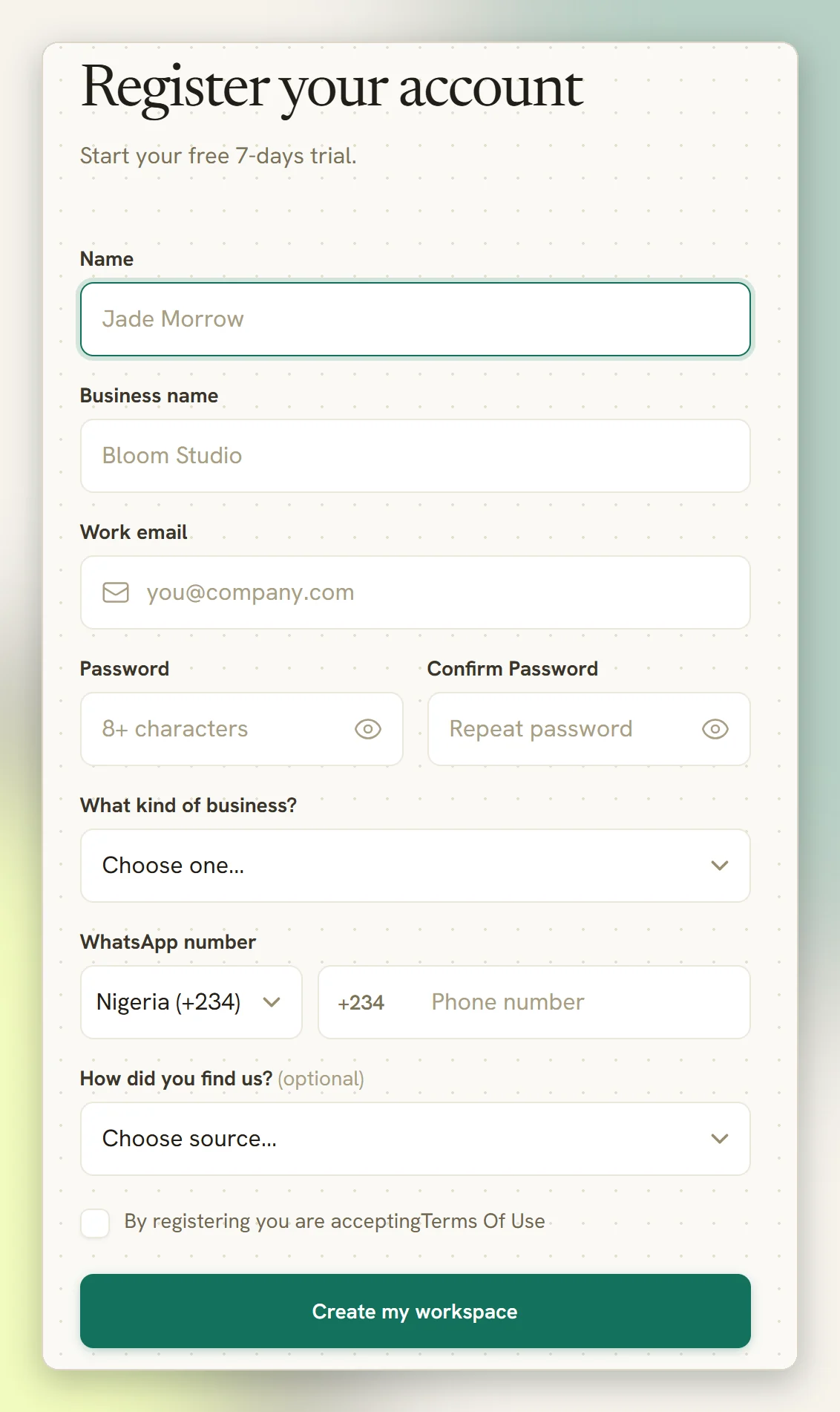 The DMLY sign-up form with fields for name, business name, work email, password, business type, WhatsApp number and how you found us, above the Create my workspace button