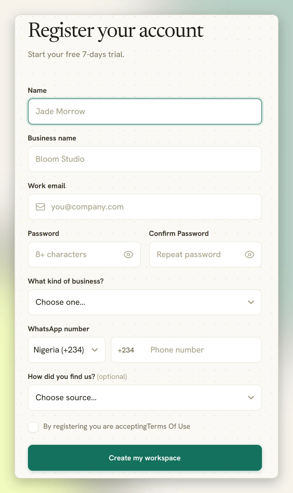 The DMLY sign-up form with fields for name, business name, work email, password, business type, WhatsApp number and how you found us, above the Create my workspace button