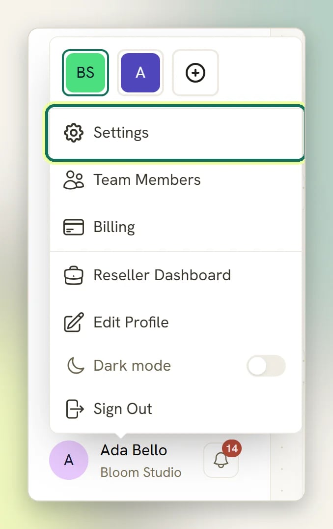 The user menu opened from your name at the bottom of the sidebar, with Settings highlighted
