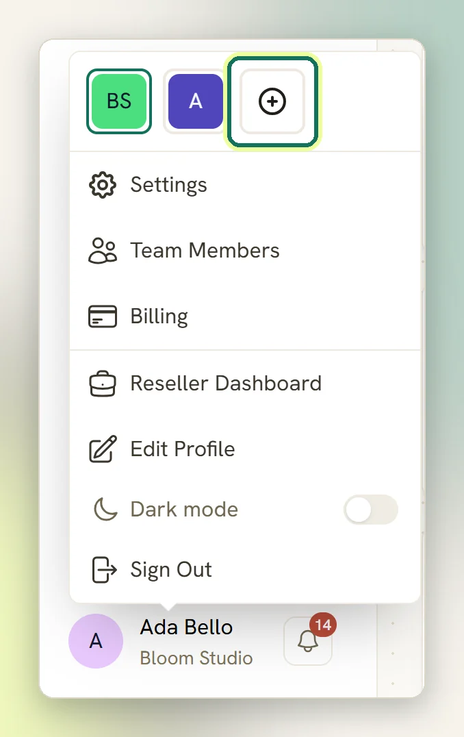 The user menu with the plus tile beside the workspace tiles highlighted