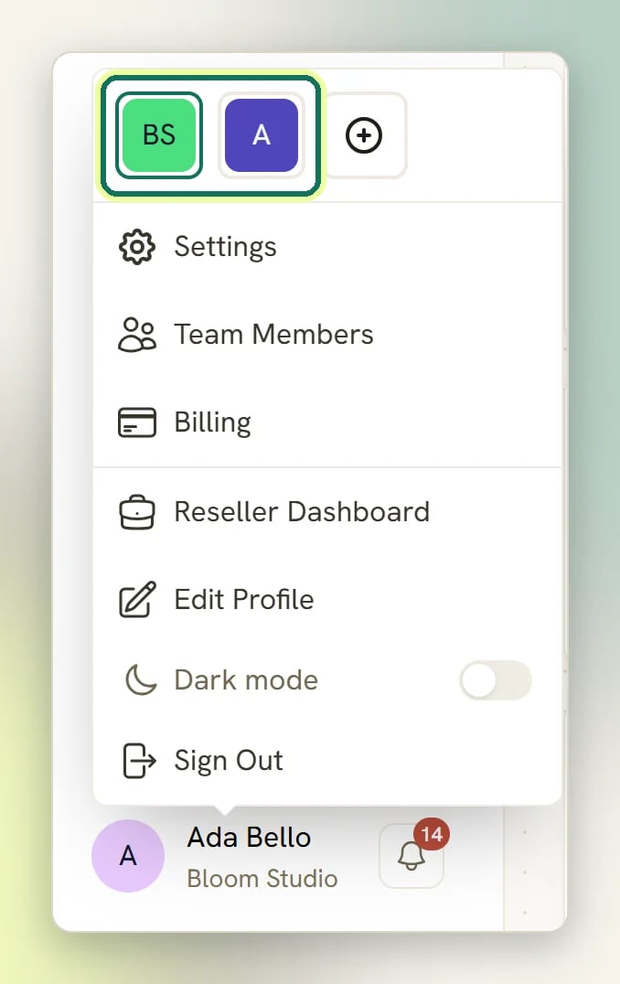 The user menu at the bottom of the sidebar with the workspace tiles highlighted at the top, above Settings, Team Members and Billing