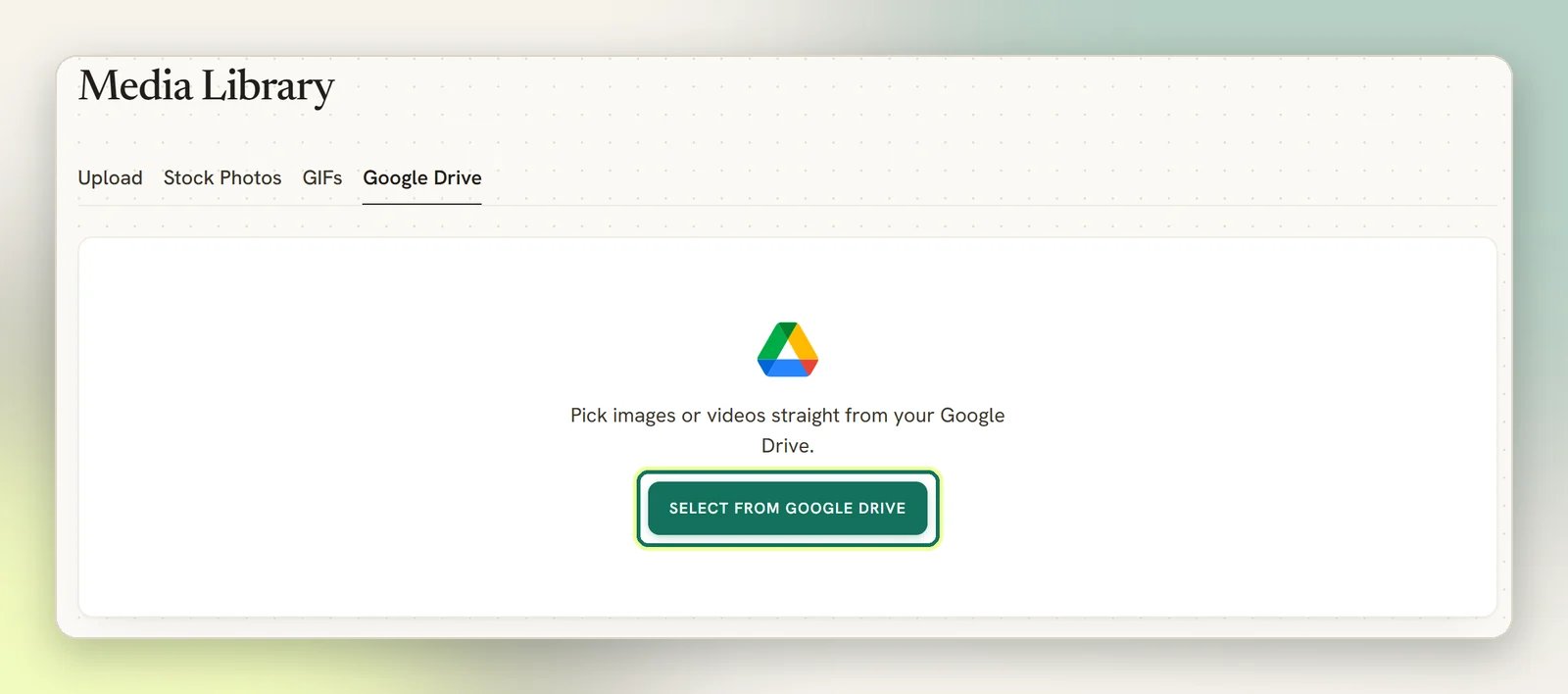 The Media Library on its Google Drive tab, with the Select from Google Drive button highlighted