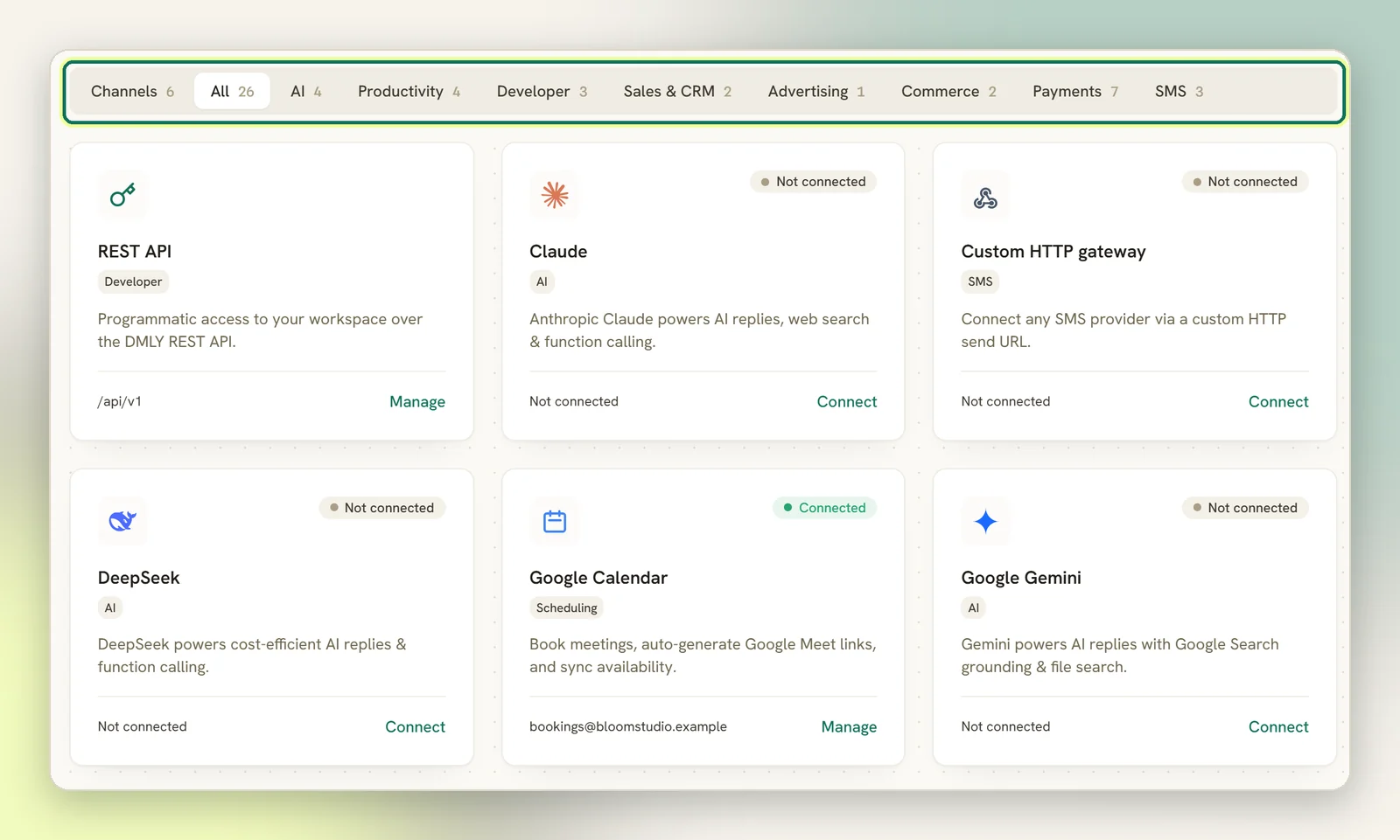 The Integrations page on the All tab, with the tab row highlighted above tiles for REST API, Claude, Custom HTTP gateway, DeepSeek, Google Calendar and Google Gemini