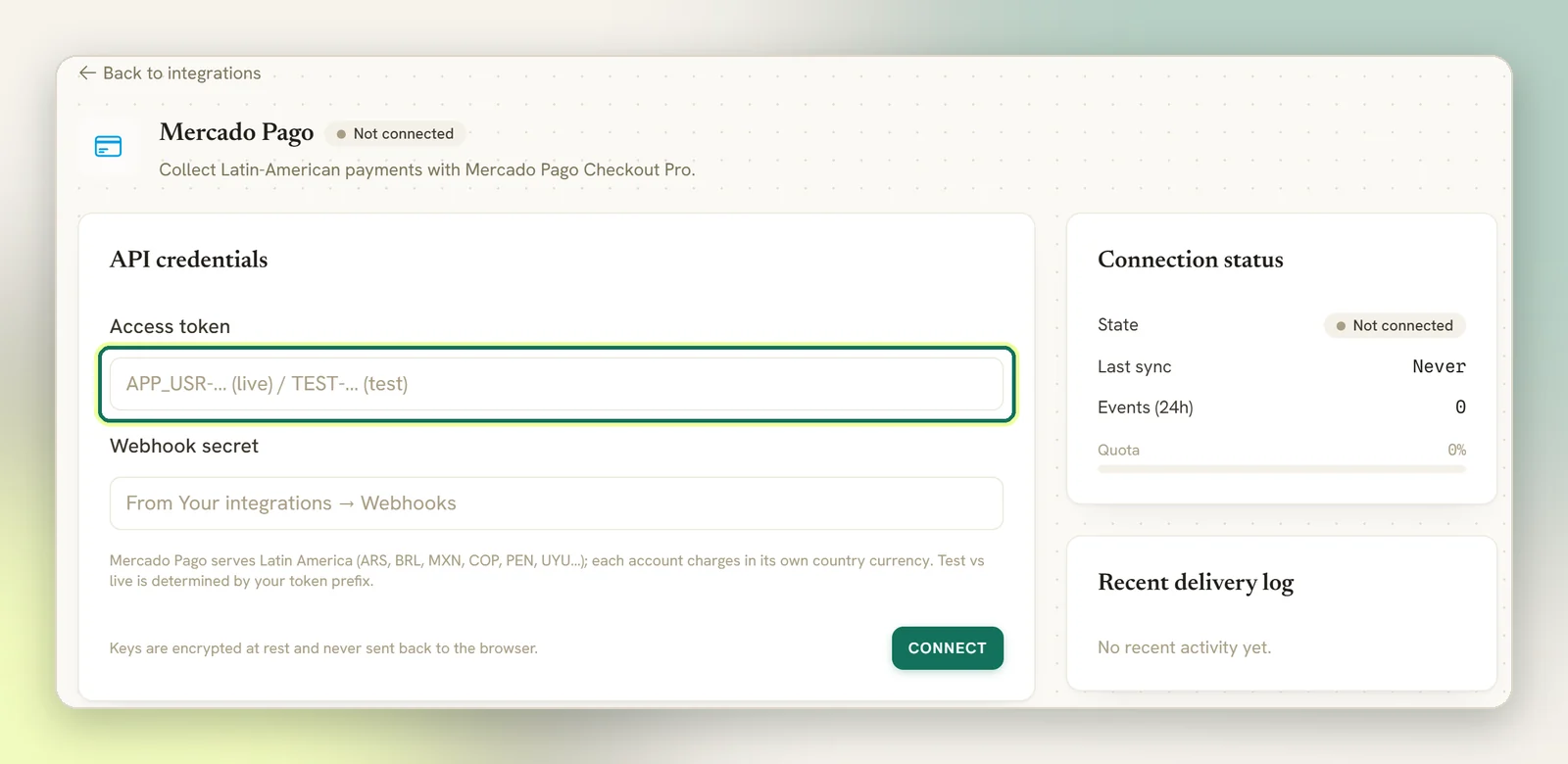 The Mercado Pago panel with the Access token field highlighted above the Webhook secret field and the Connect button