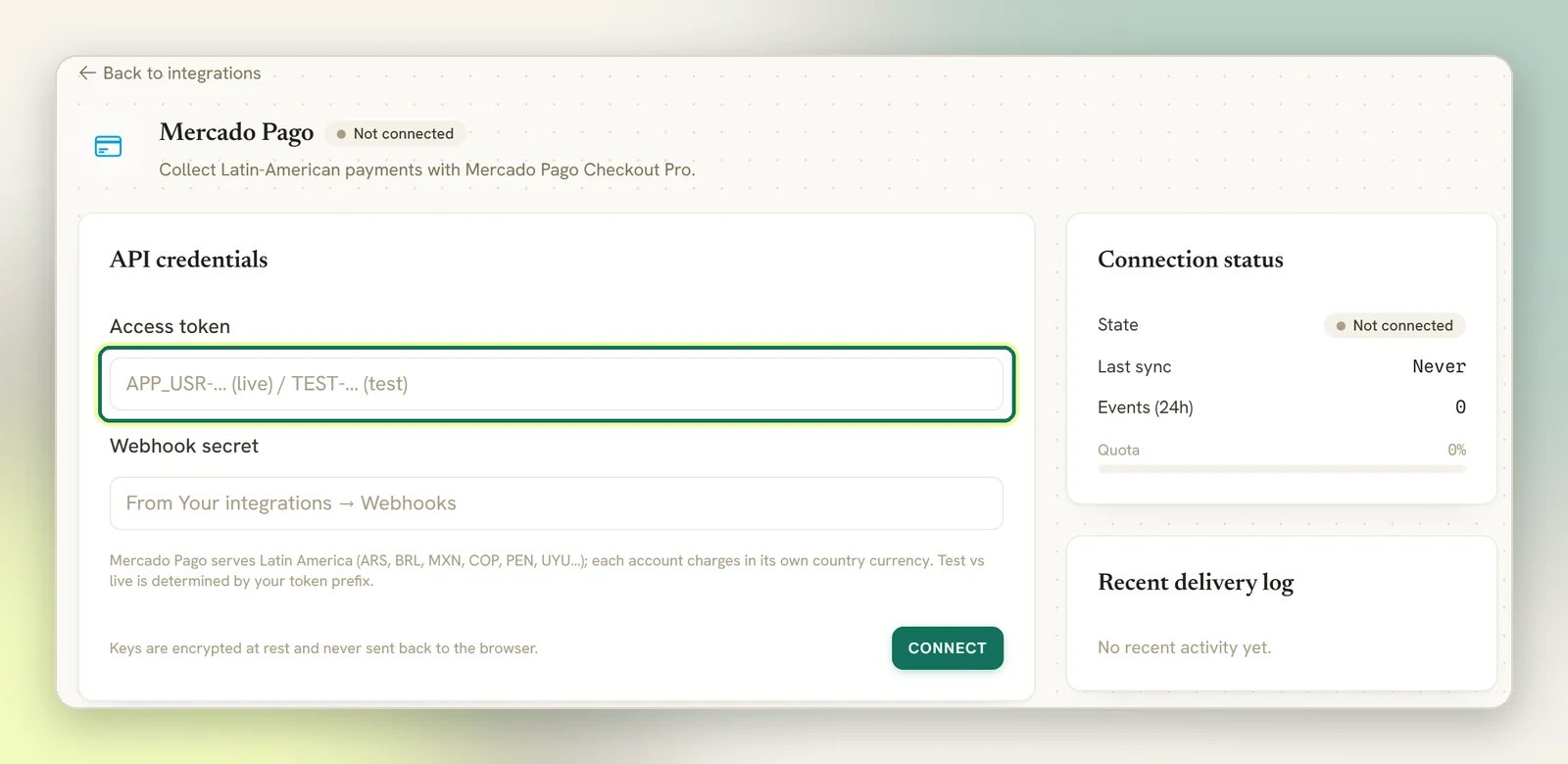 The Mercado Pago panel with the Access token field highlighted above the Webhook secret field and the Connect button