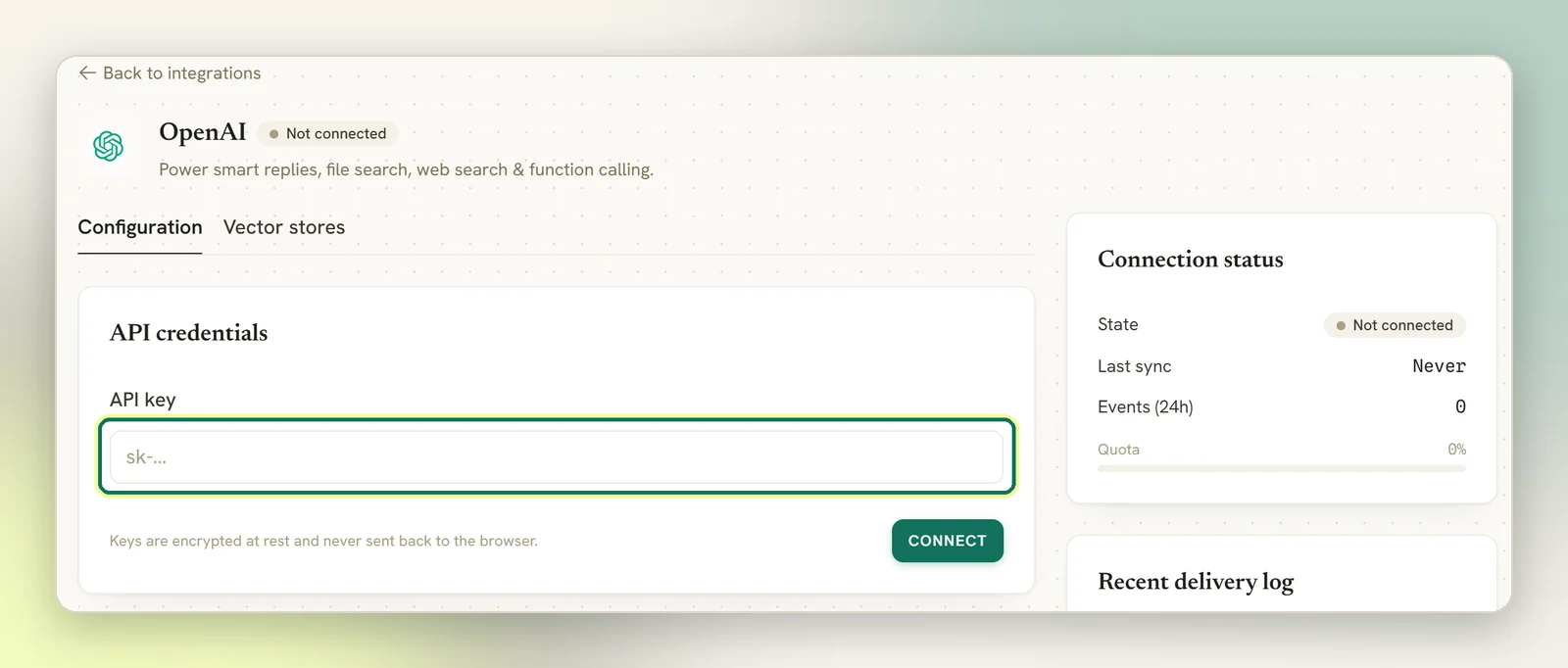 The OpenAI panel on its Configuration tab, with the API key field highlighted above the Connect button