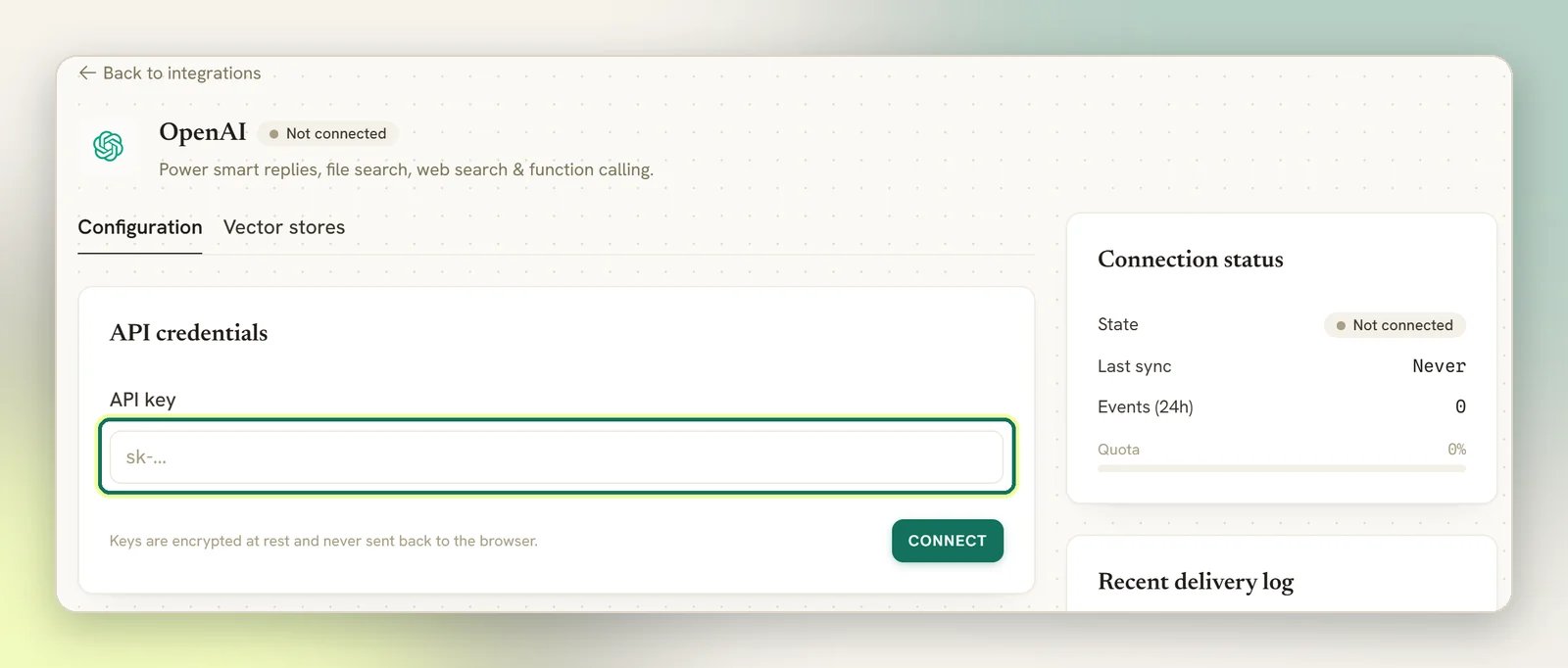 The OpenAI panel on its Configuration tab, with the API key field highlighted above the Connect button