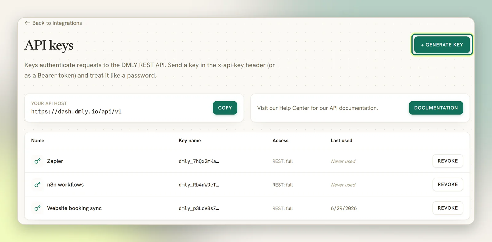 The API keys page with the API host, the list of keys with their access, and the Generate key button highlighted