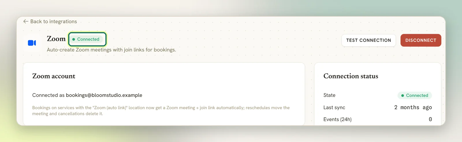 The Zoom panel with its Connected badge highlighted and the Zoom account card showing the connected email