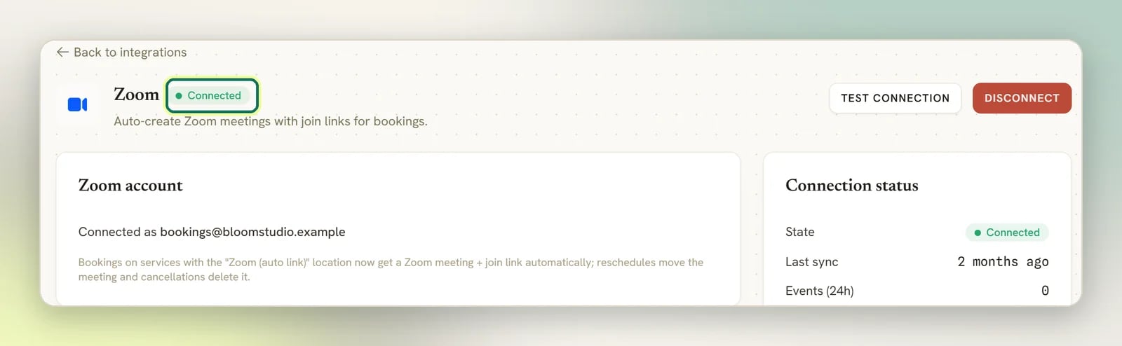 The Zoom panel with its Connected badge highlighted and the Zoom account card showing the connected email