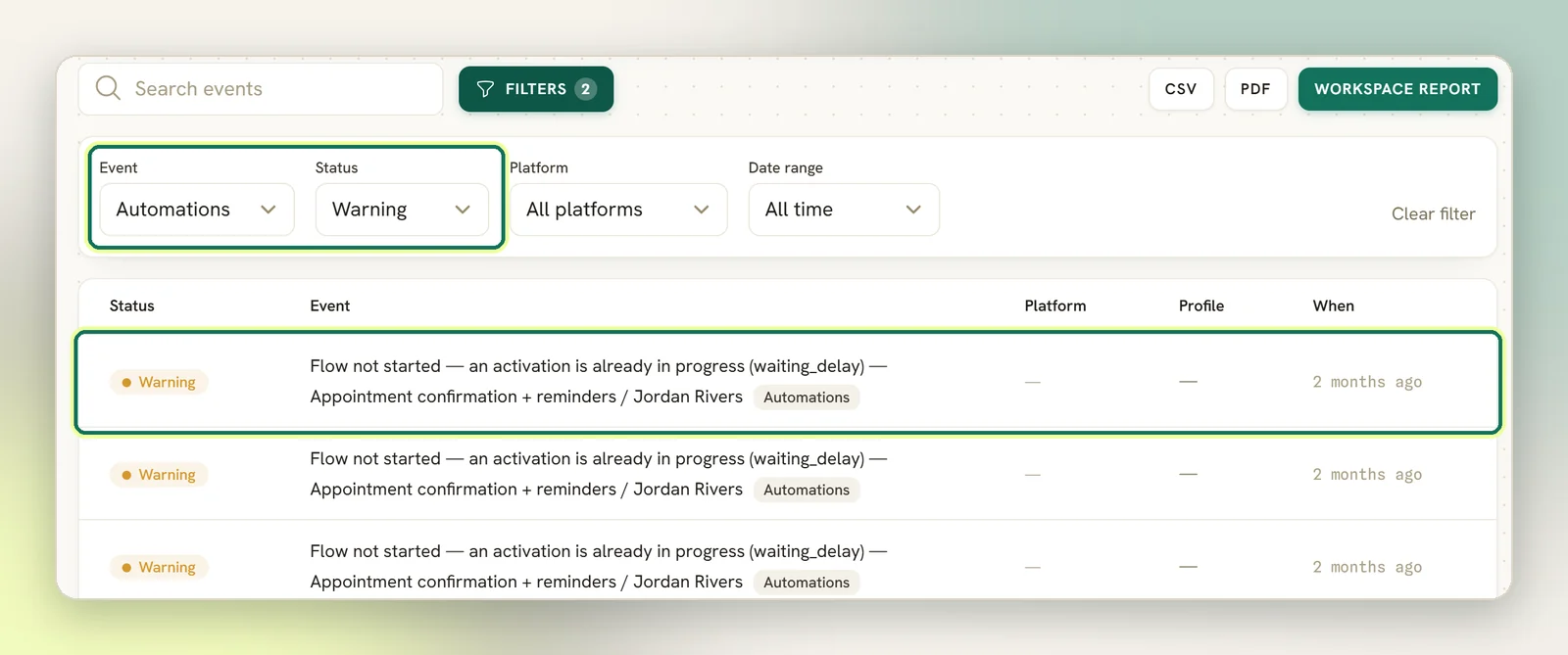 The Logs tab filtered to Automations and Warning, with the filters and a Flow not started warning row highlighted