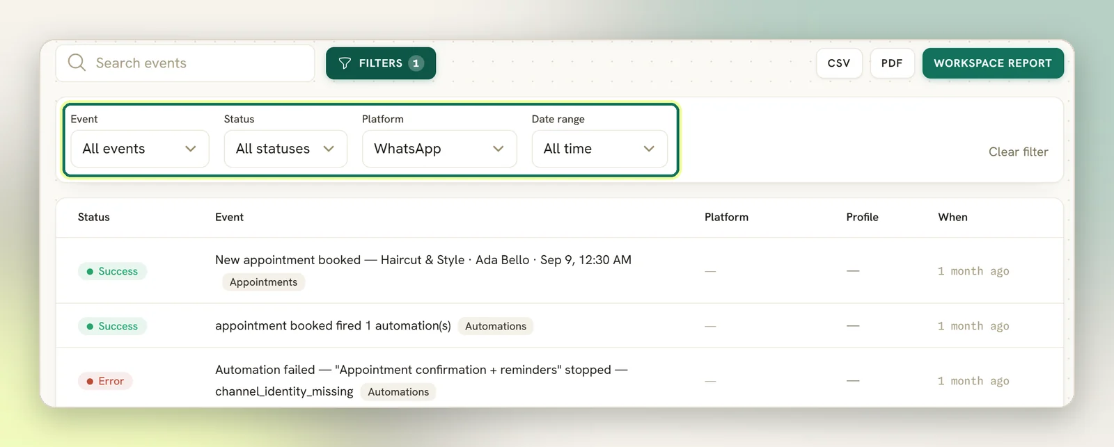 The Logs filter row open, with the Event, Status, Platform and Date range dropdowns highlighted above the log table