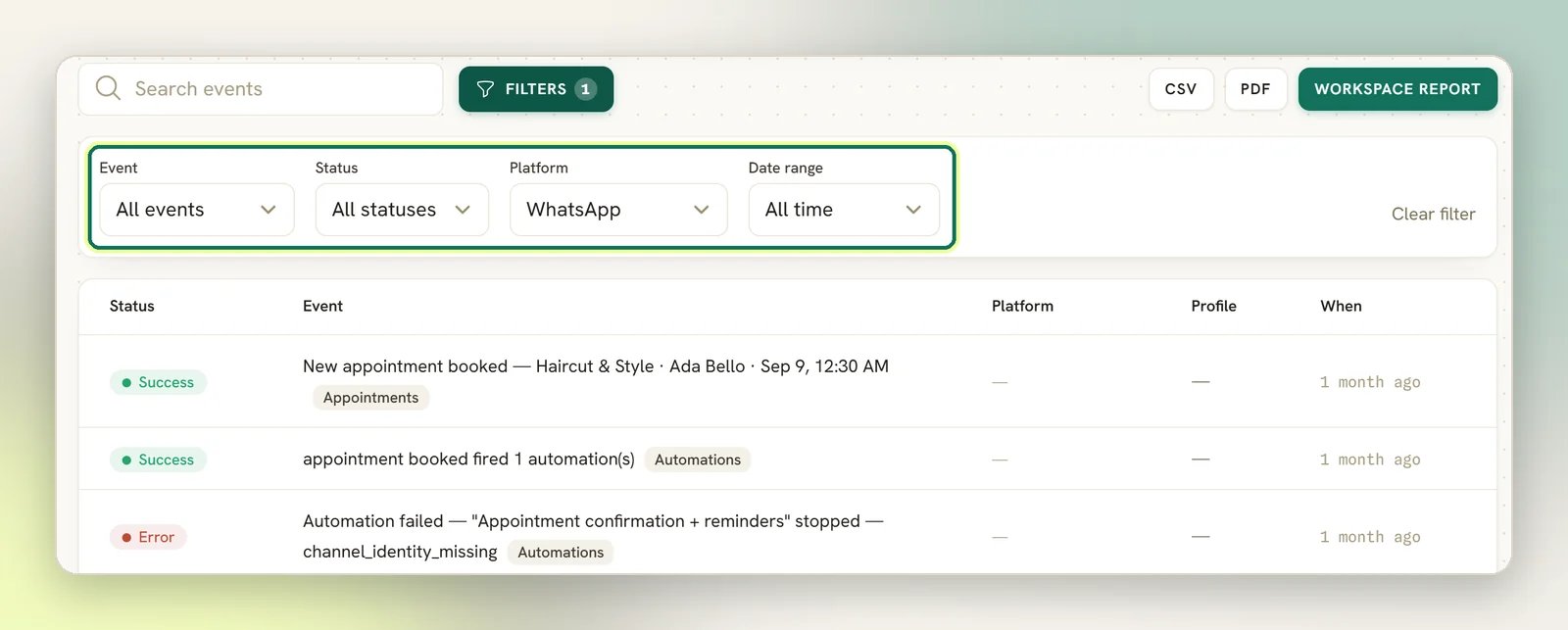 The Logs filter row open, with the Event, Status, Platform and Date range dropdowns highlighted above the log table