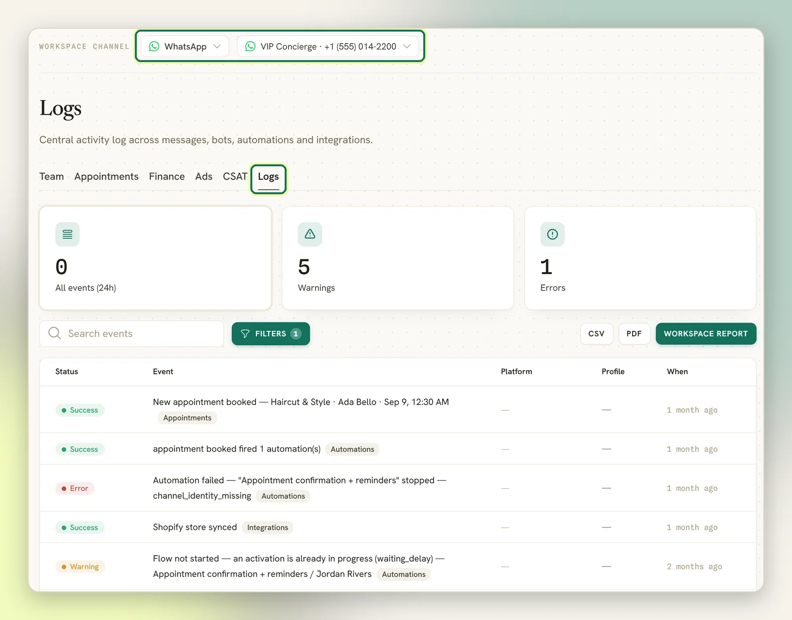 The Reports page on the Logs tab, with the Logs tab and the workspace channel selector highlighted, above the event counters and the log table
