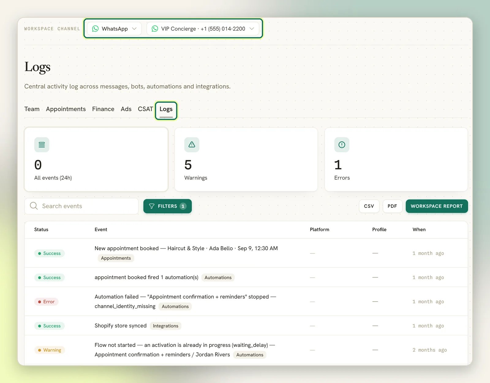 The Reports page on the Logs tab, with the Logs tab and the workspace channel selector highlighted, above the event counters and the log table