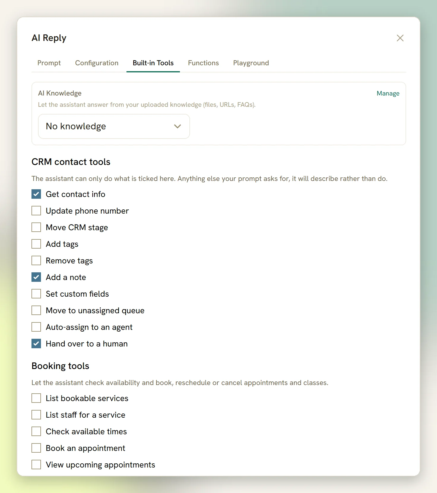 The Built-in Tools tab of the AI Reply step with the AI Knowledge selector and the CRM contact tools checklist