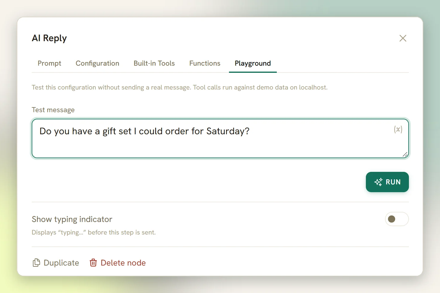 The Playground tab of the AI Reply step with a test message typed and the Run button