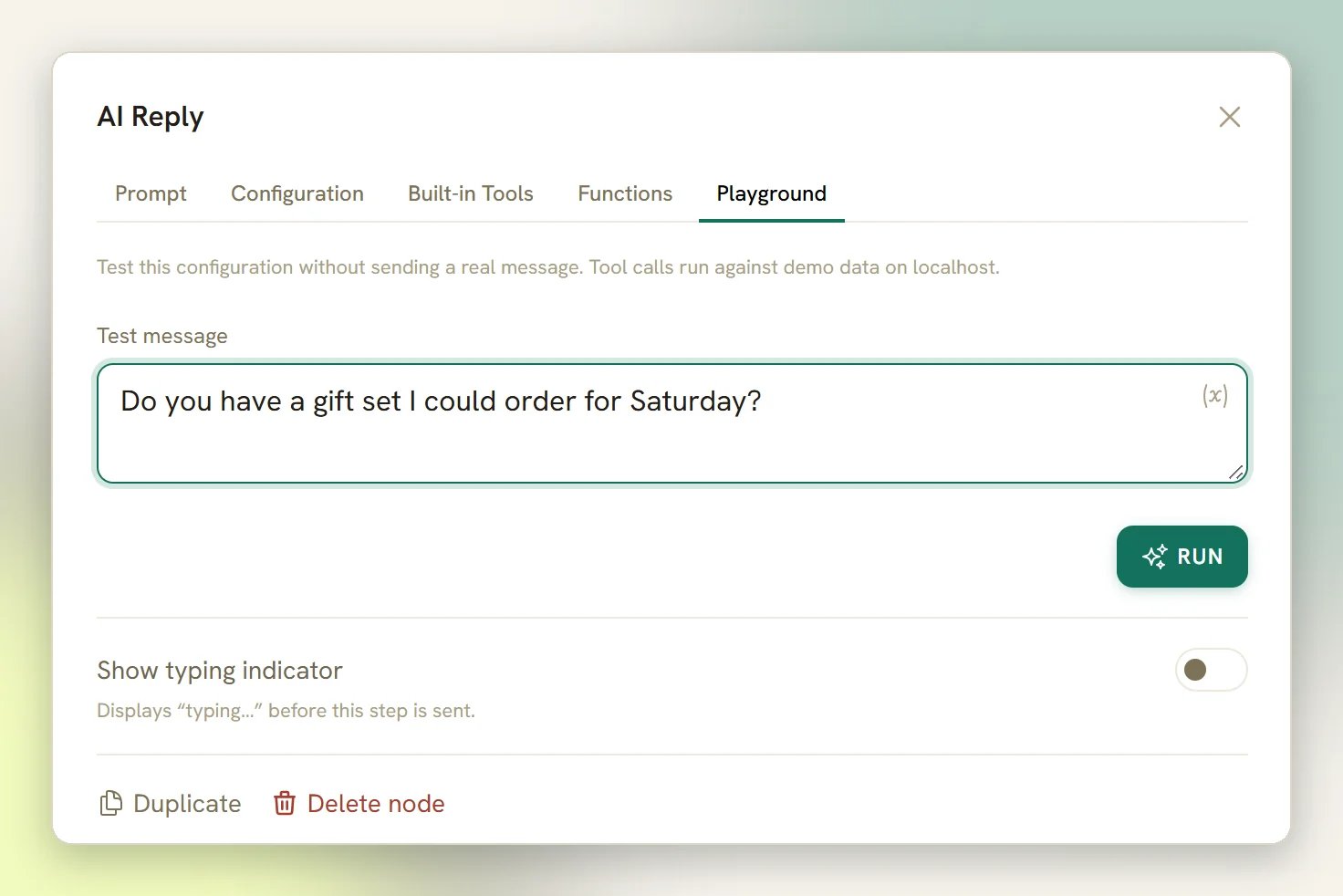 The Playground tab of the AI Reply step with a test message typed and the Run button