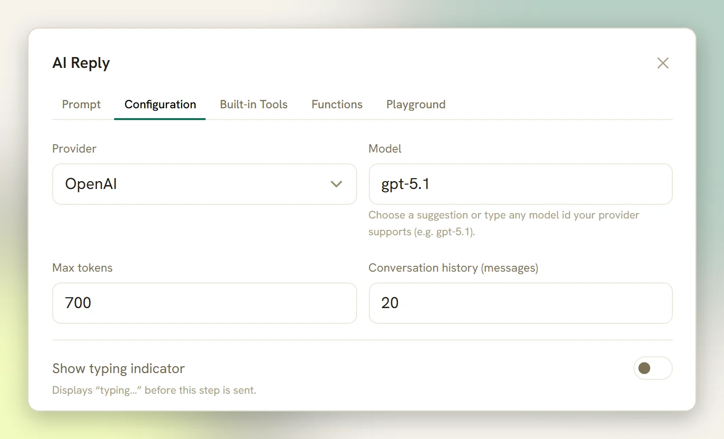 The Configuration tab of the AI Reply step with Provider, Model, Max tokens and Conversation history