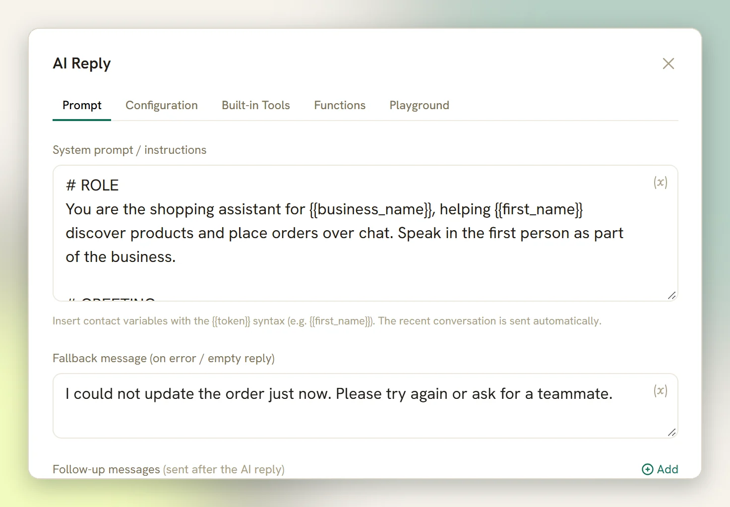 The AI Reply panel on the Prompt tab with the system prompt, the fallback message and the follow-up messages