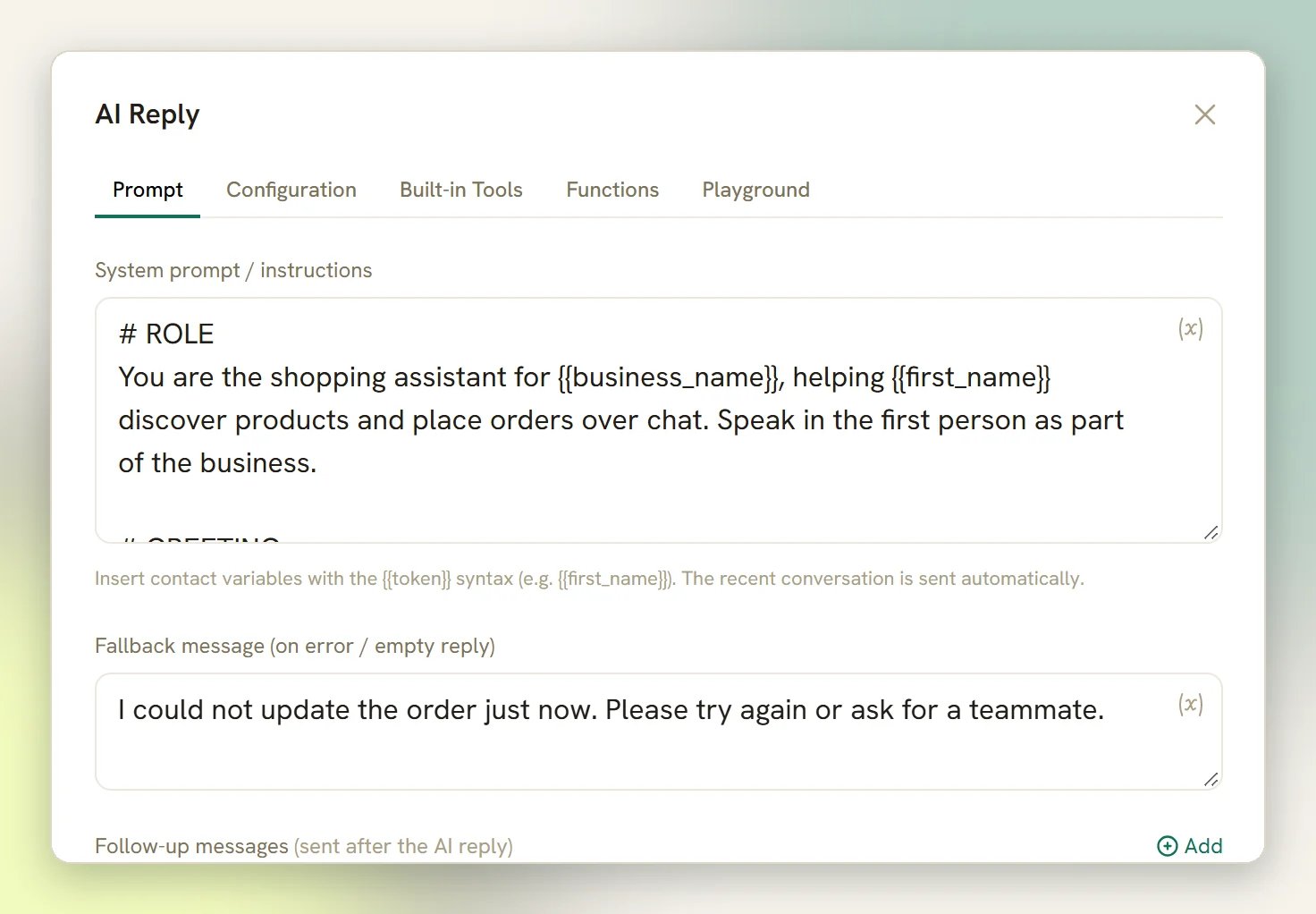 The AI Reply panel on the Prompt tab with the system prompt, the fallback message and the follow-up messages