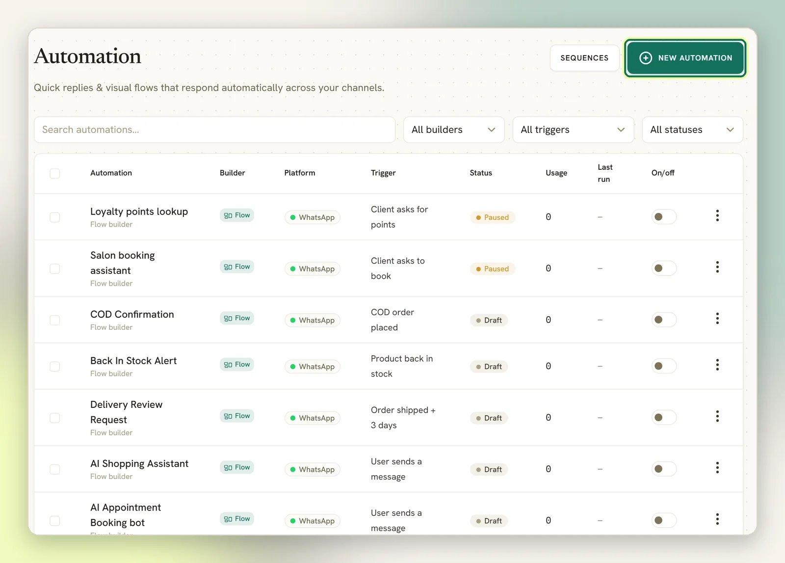 The Automation page listing flows with their builder, trigger, status and on or off switch, and the New automation button highlighted