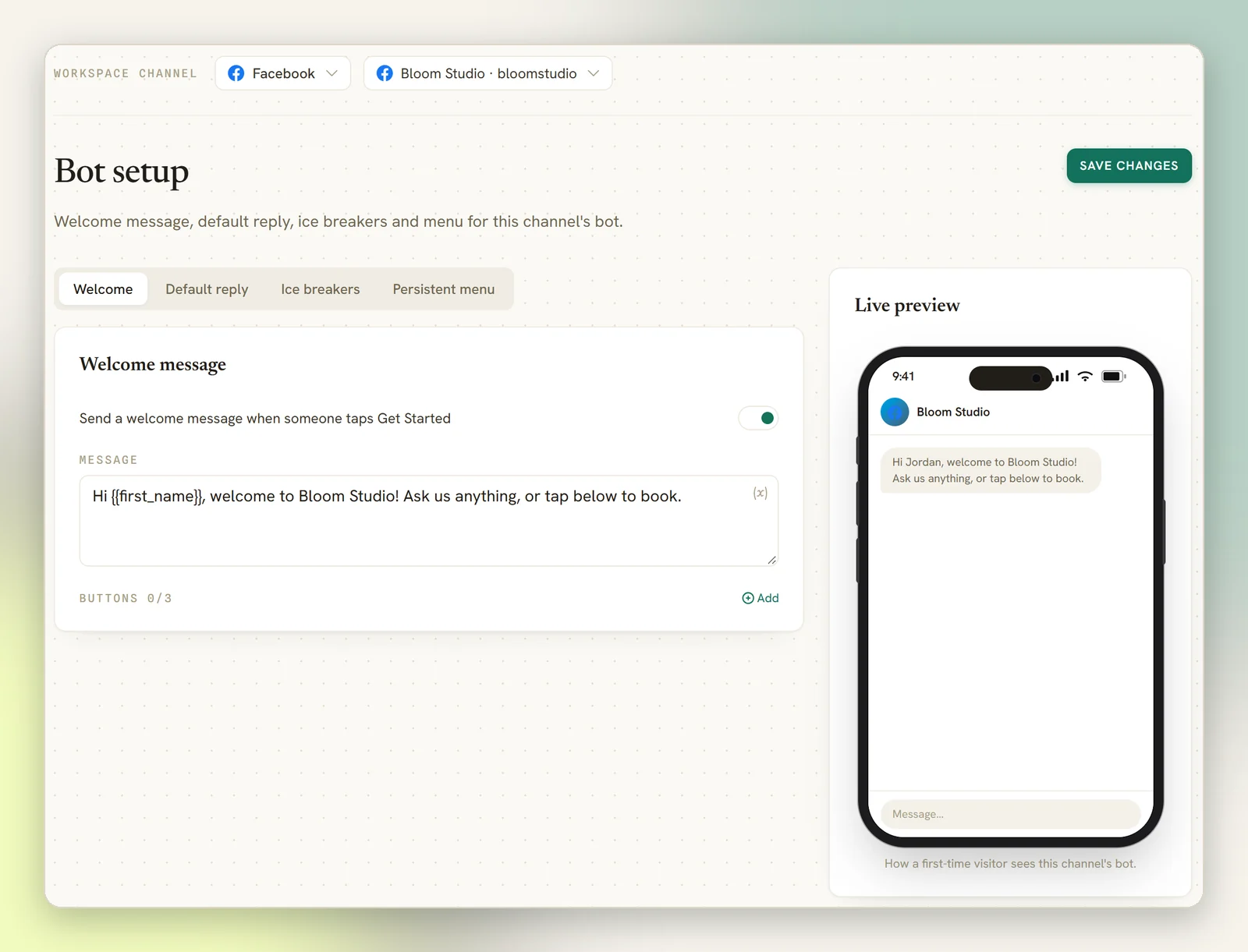 Bot setup for a Facebook page on the Welcome tab with the welcome message switched on and written, and the live preview showing it