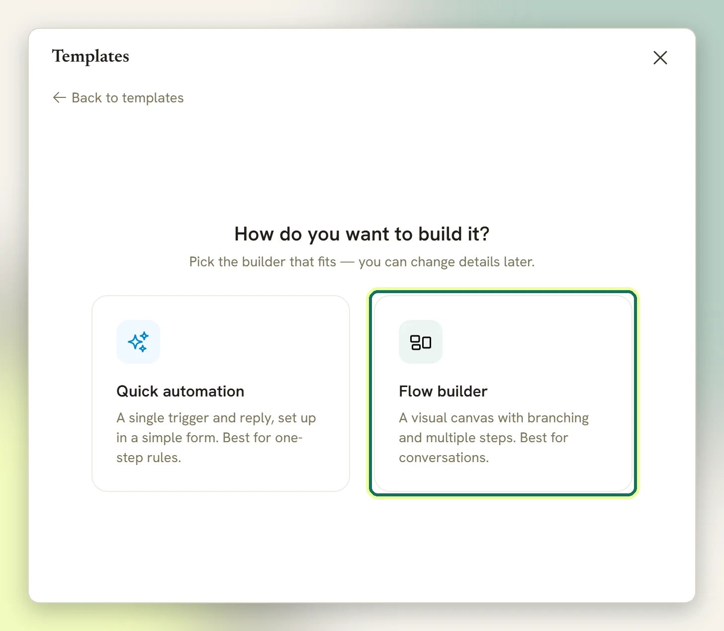 The How do you want to build it window with the Quick automation and Flow builder cards, Flow builder highlighted
