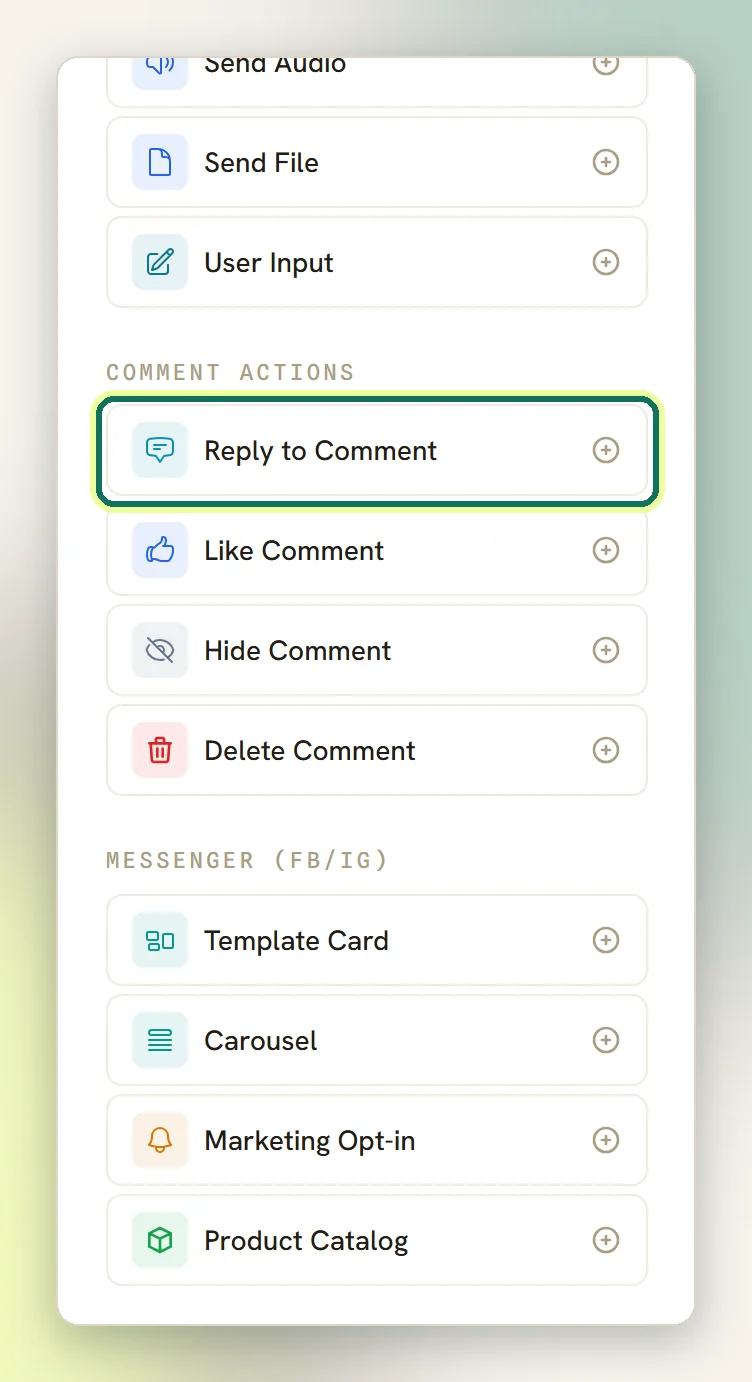 The Add a step palette on a comment-triggered flow with the Comment actions group and Reply to Comment highlighted