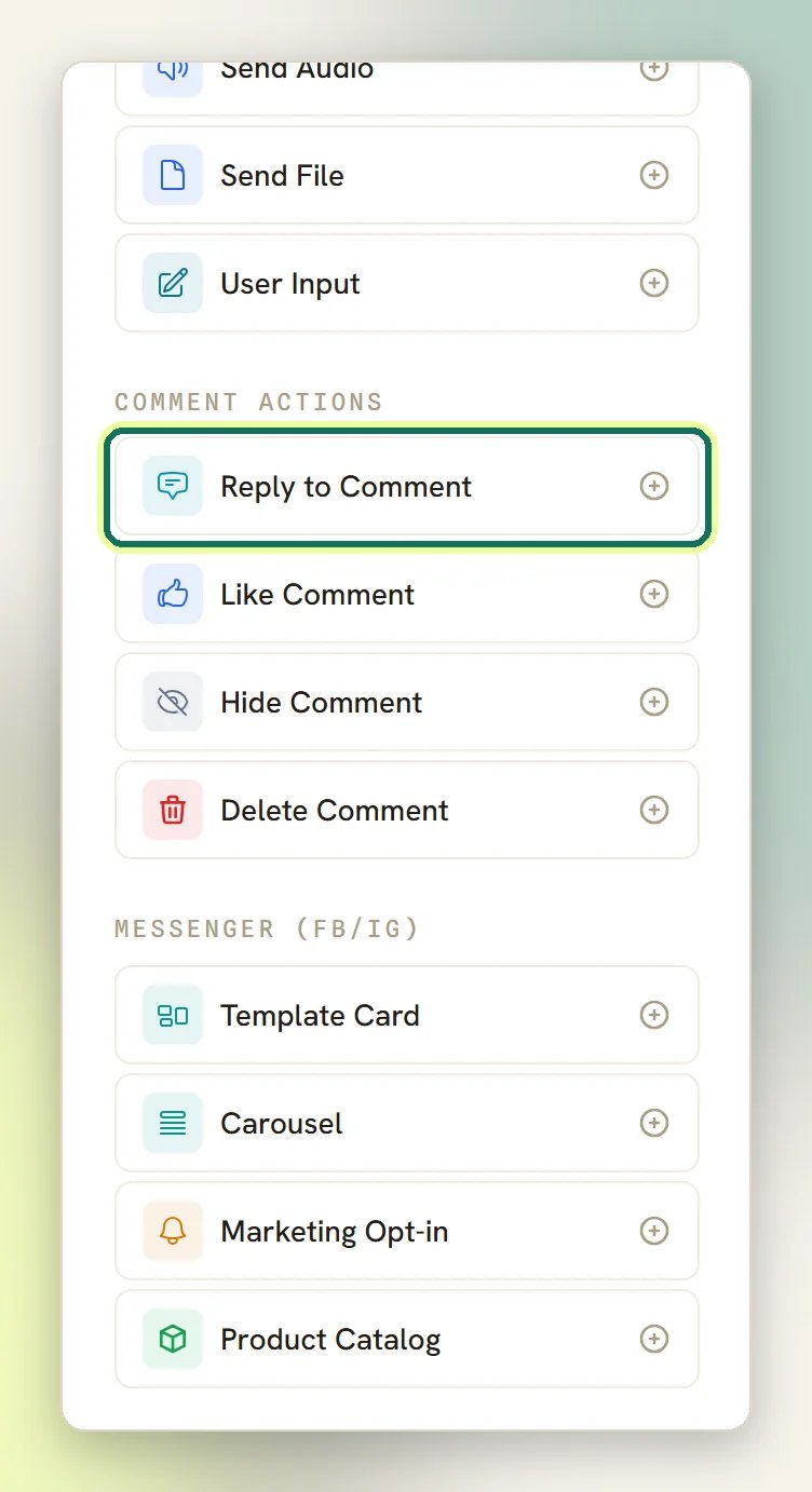 The Add a step palette on a comment-triggered flow with the Comment actions group and Reply to Comment highlighted