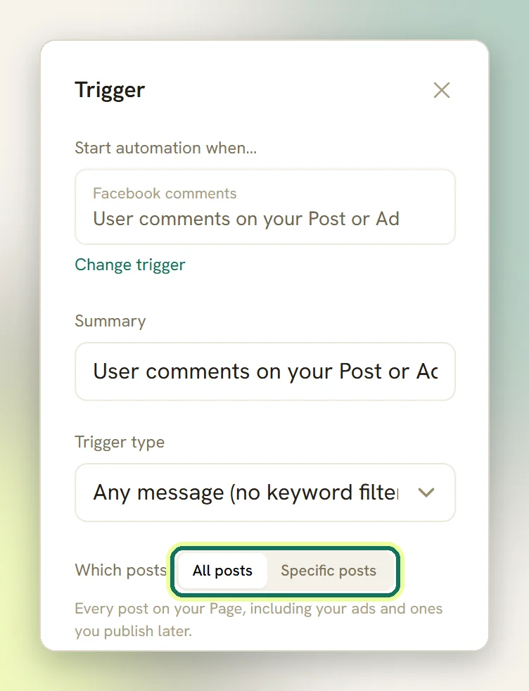 The Trigger panel for Facebook comments with the Which posts choice of All posts or Specific posts highlighted