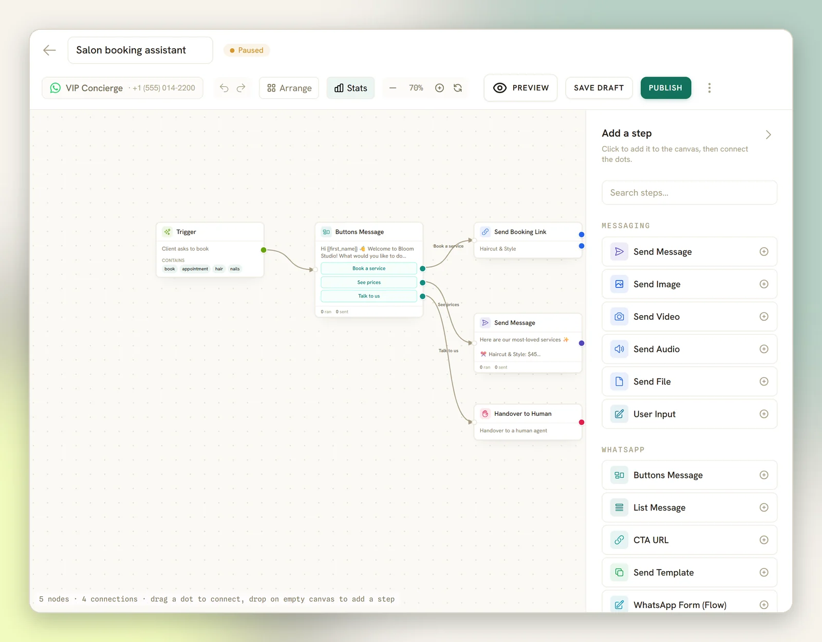 A flow on the builder canvas: a keyword trigger connected to a buttons message whose three buttons lead to a booking link, a price list message and a handover, with the Add a step palette on the right