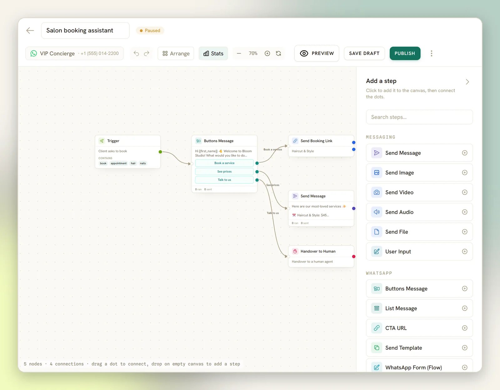 A flow on the builder canvas: a keyword trigger connected to a buttons message whose three buttons lead to a booking link, a price list message and a handover, with the Add a step palette on the right