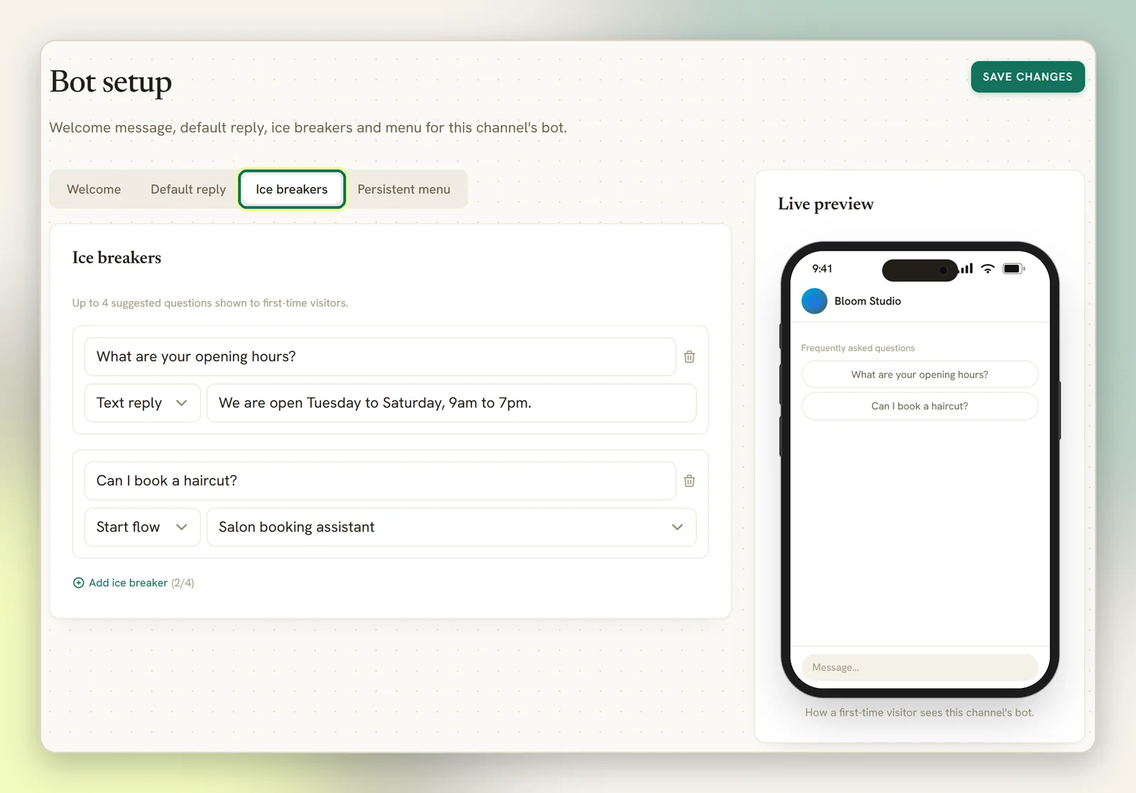 Bot setup for a Facebook page on the Ice breakers tab with two questions, one answered with a text reply and one starting a flow, and the live preview showing both