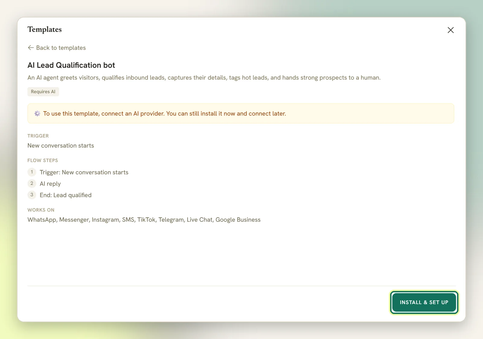The AI Lead Qualification bot template preview with its trigger and three flow steps, and the Install and set up button highlighted