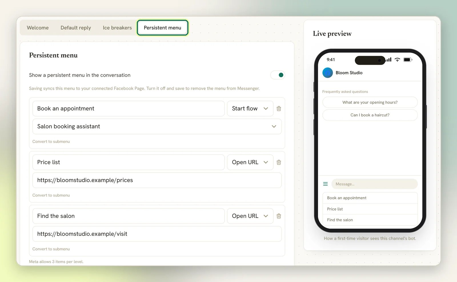 The Persistent menu tab with the menu switched on and three items, one starting a flow and two opening a URL, and the menu shown in the live preview