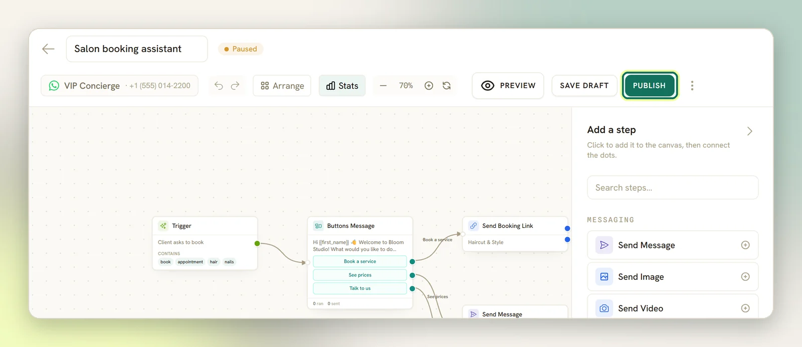 The flow builder toolbar with Preview, Save draft and the Publish button highlighted