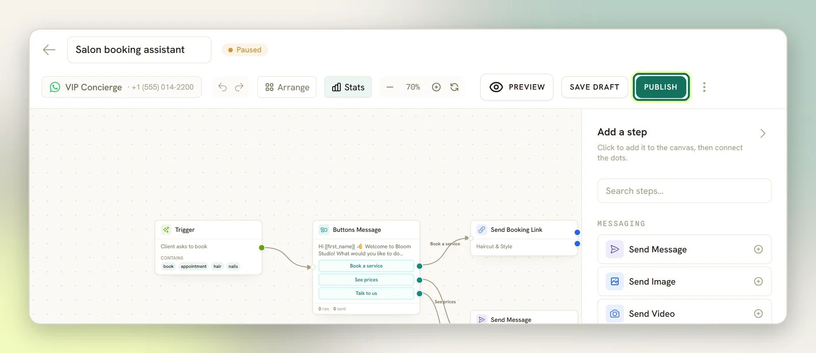 The flow builder toolbar with Preview, Save draft and the Publish button highlighted
