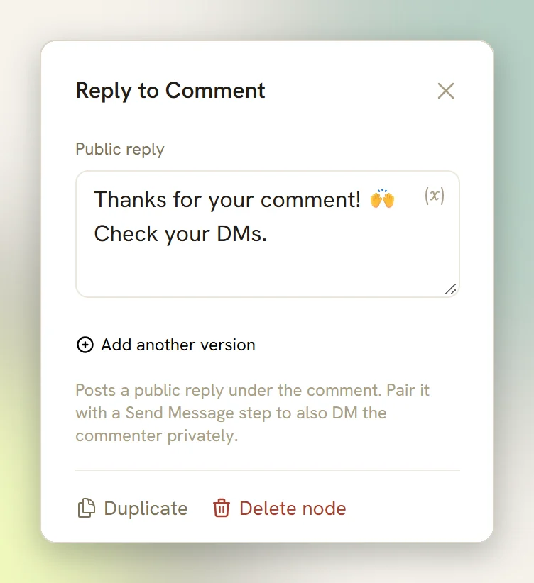 The Reply to Comment step panel with the default public reply and Add another version
