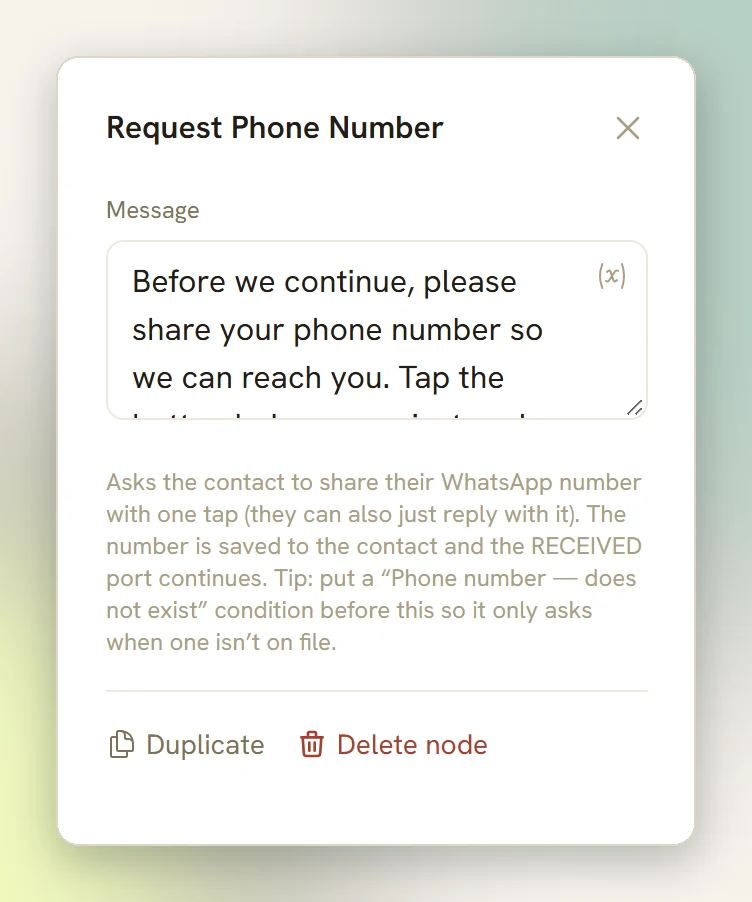 The Request Phone Number step panel with its default message and the note on the RECEIVED output